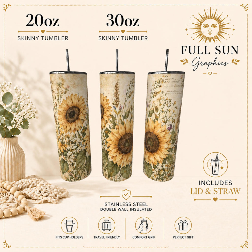 Wildflower Sunflower Tumbler, 20oz Stainless Steel Cup with Straw, Rustic Floral Gift for Her