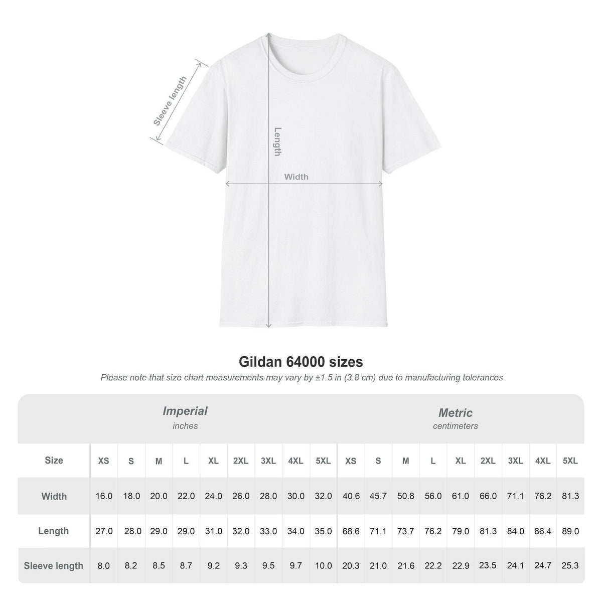 A Gildan 64000 t-shirt size chart in imperial and metric measurements, showing width, length, and sleeve length for sizes XS to 5XL.