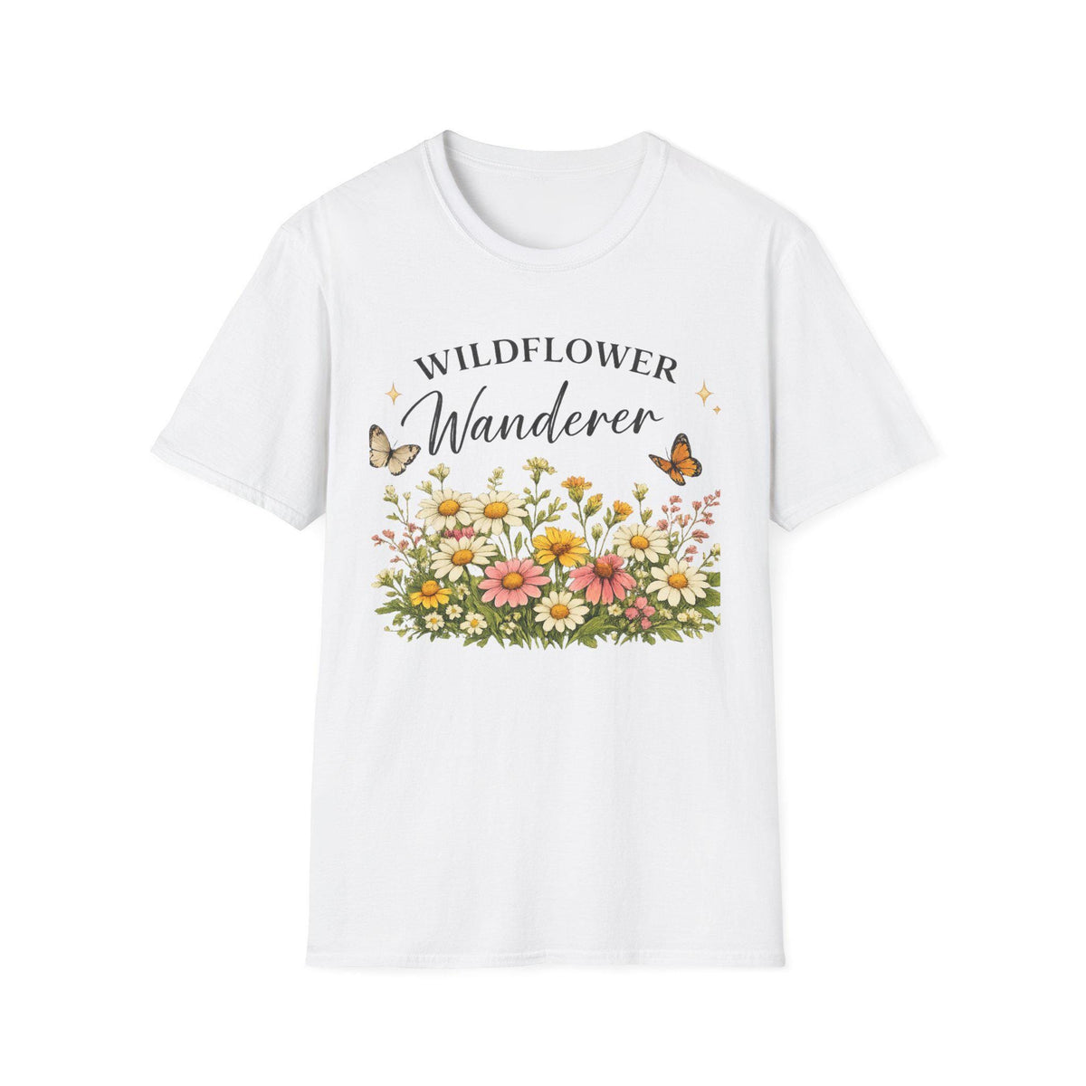 A white t-shirt with a graphic of colorful wildflowers and butterflies, with the text "WILDFLOWER Wanderer" above, shown flat against a white background.