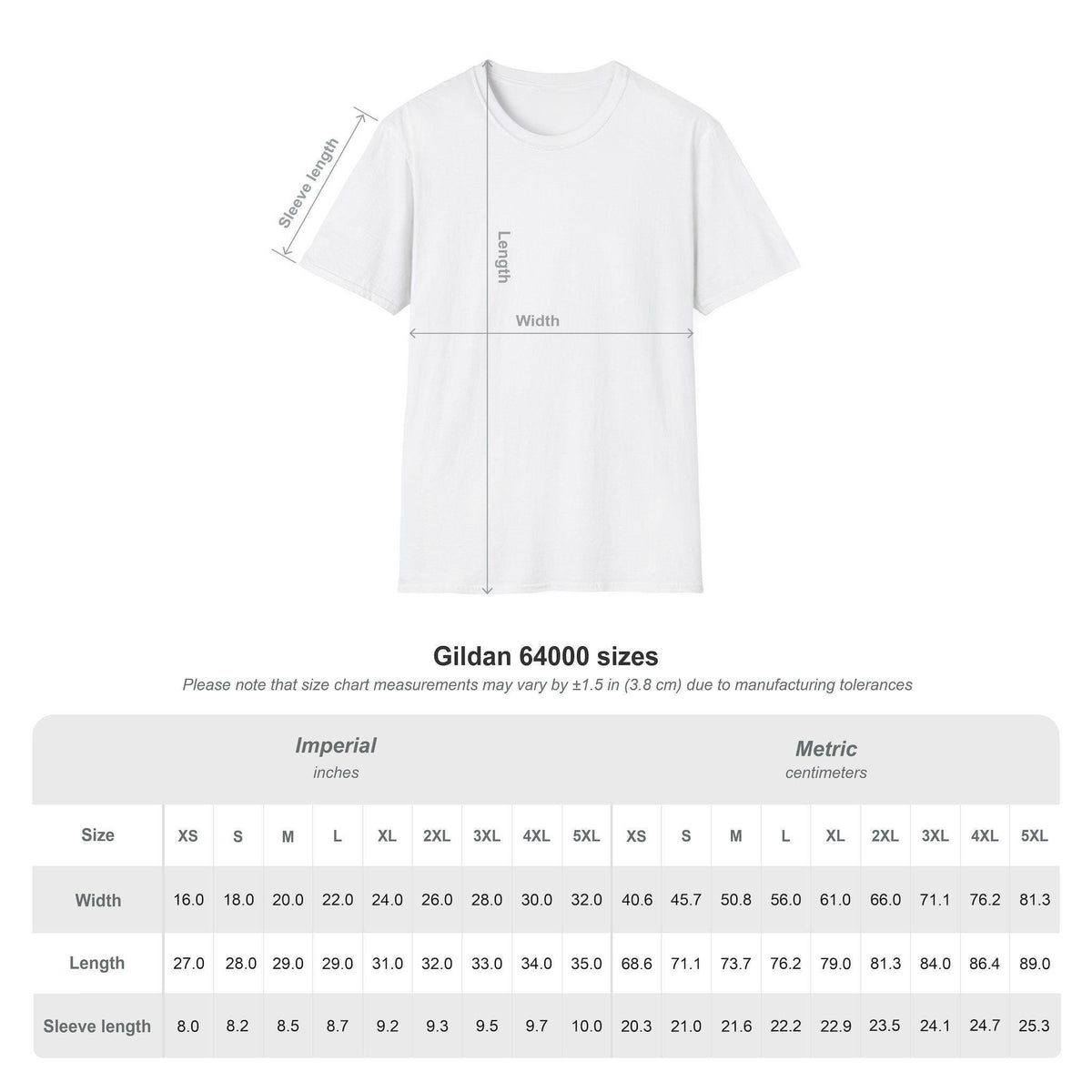 A Gildan 64000 t-shirt size chart in imperial and metric measurements, showing width, length, and sleeve length for sizes XS to 5XL.