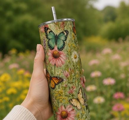 Butterfly Garden Tumbler, Vintage Botanical Wildflower Skinny Cup