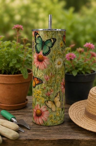 Butterfly Garden Tumbler, Vintage Botanical Wildflower Skinny Cup