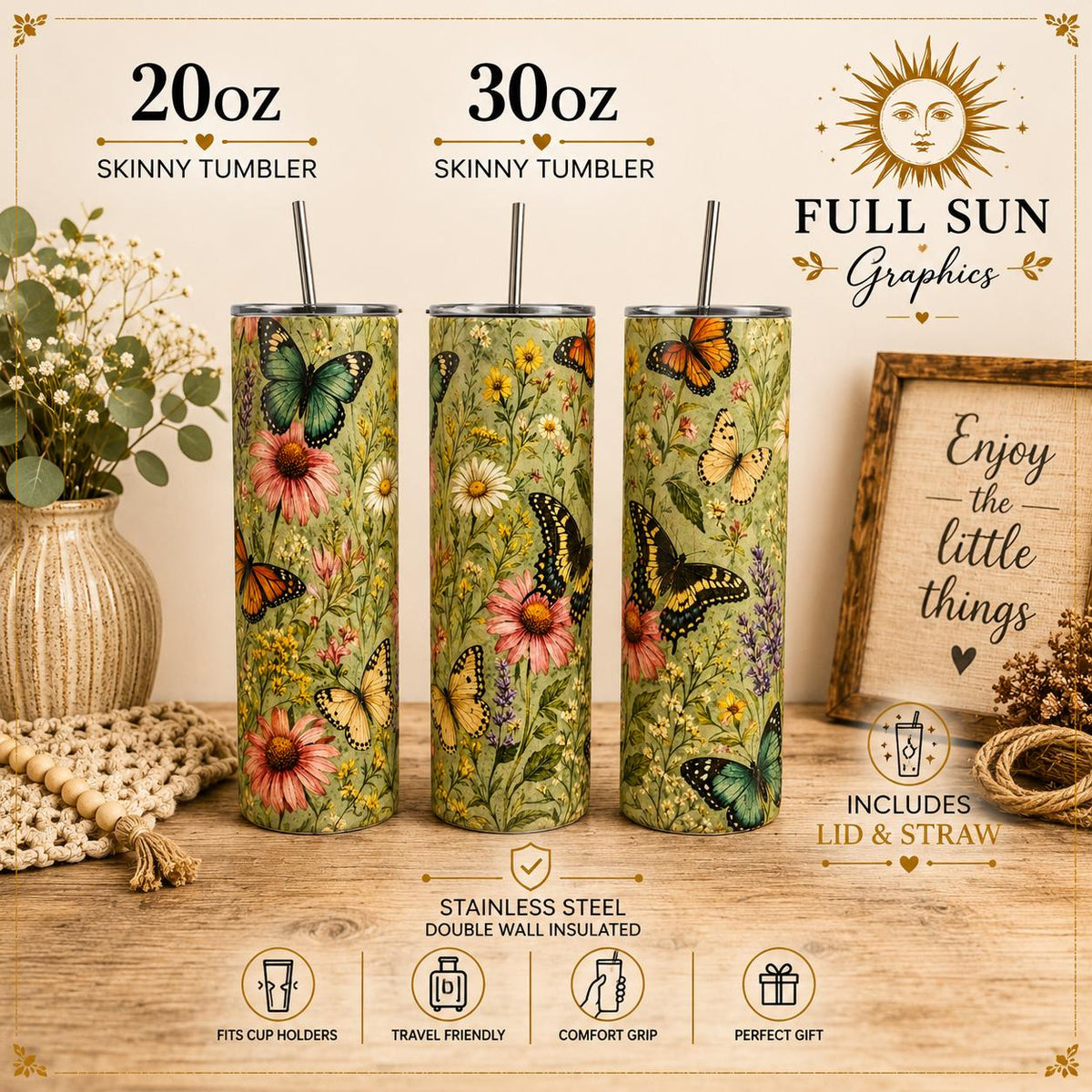 Butterfly Garden Tumbler, Vintage Botanical Wildflower Skinny Cup