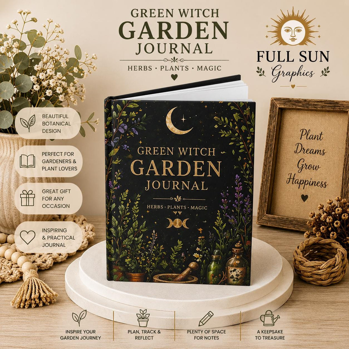 Green Witch Garden Journal Hardcover | Herbs Plants Magic Notebook,Plant lover Journal