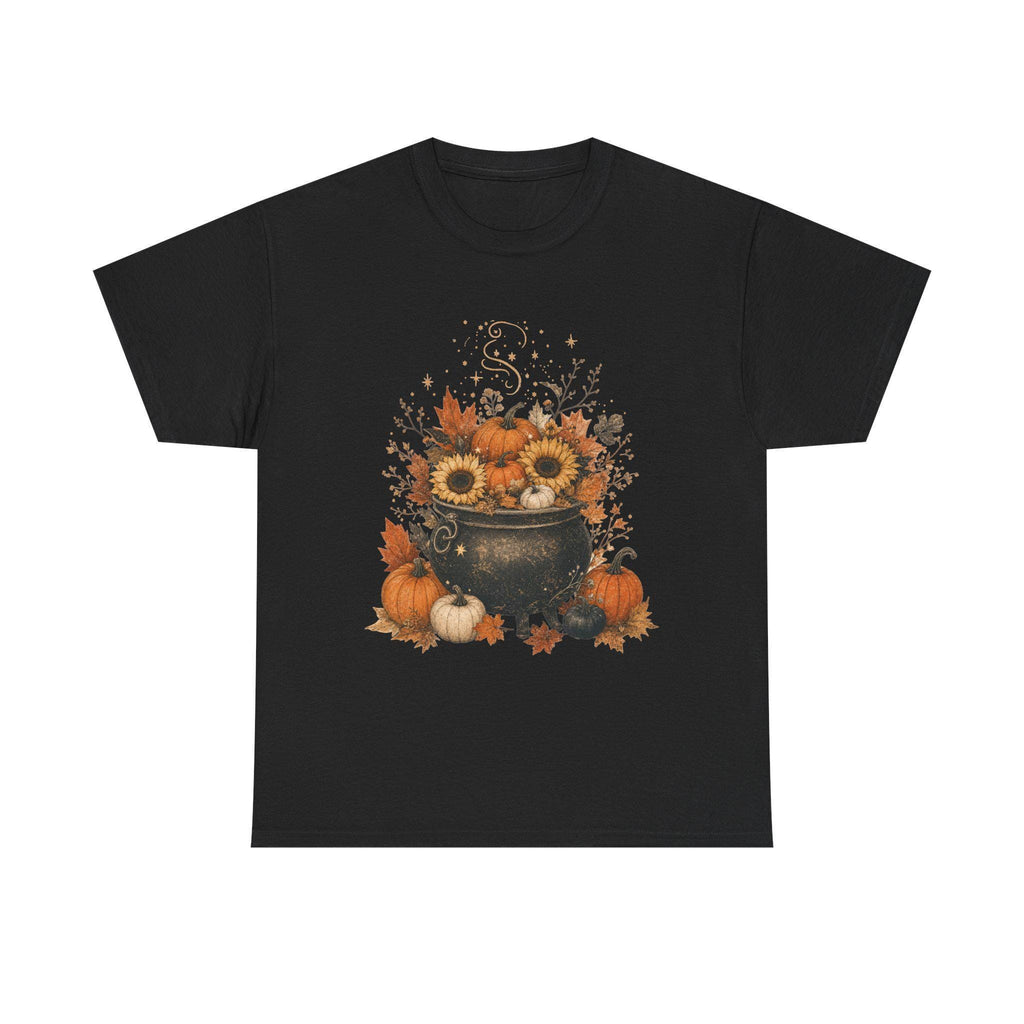 A black short-sleeved t-shirt with a fall-themed graphic of a black cauldron filled with sunflowers, pumpkins, and autumn leaves.