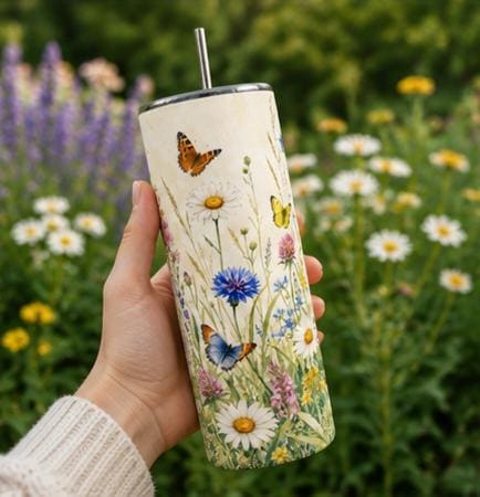 Wildflower Butterfly Tumbler 20oz Skinny, Floral Cottagecore Cup, Gift for Mom, Gift for Her, Nature Lover