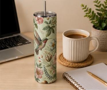 Hummingbird Botanical Floral Skinny Tumbler | Insulated Stainless Steel Cup