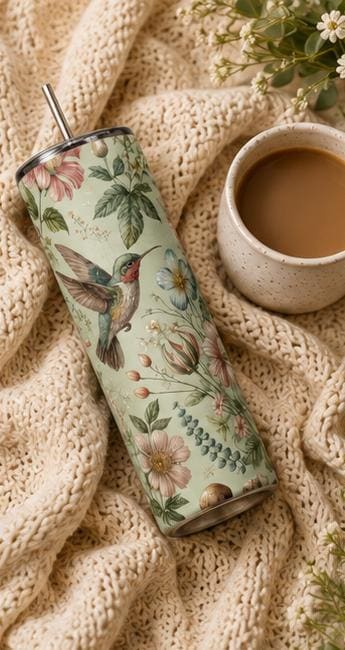 Hummingbird Botanical Floral Skinny Tumbler | Insulated Stainless Steel Cup