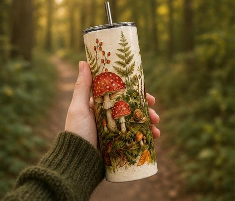 Mushroom Skinny Tumbler, Woodland Forest 20oz with Straw, Nature Lover Gift