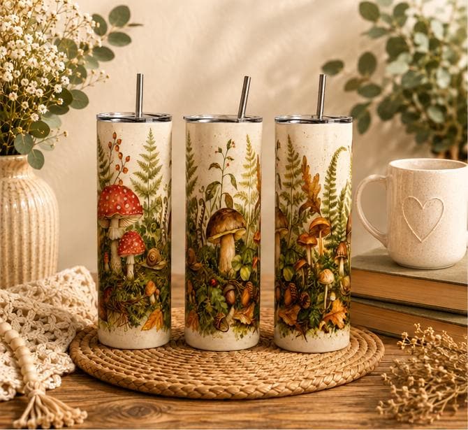 Mushroom Skinny Tumbler, Woodland Forest 20oz with Straw, Nature Lover Gift