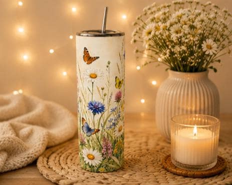 Wildflower Butterfly Tumbler 20oz Skinny, Floral Cottagecore Cup, Gift for Mom, Gift for Her, Nature Lover