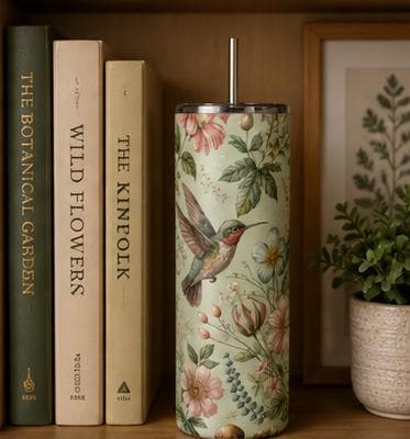 Hummingbird Botanical Floral Skinny Tumbler | Insulated Stainless Steel Cup