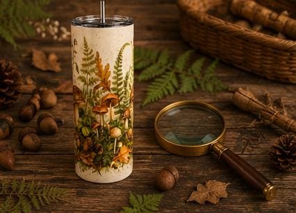 Mushroom Skinny Tumbler, Woodland Forest 20oz with Straw, Nature Lover Gift