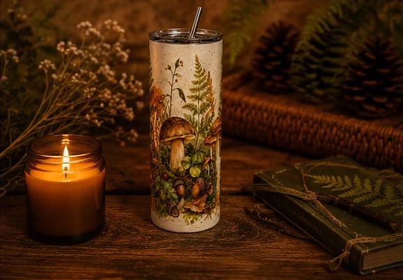 Mushroom Skinny Tumbler, Woodland Forest 20oz with Straw, Nature Lover Gift