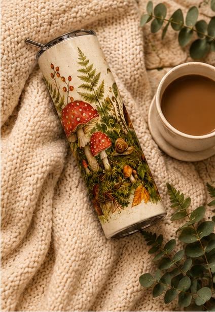 Mushroom Skinny Tumbler, Woodland Forest 20oz with Straw, Nature Lover Gift
