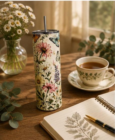 Butterfly Wildflower Stainless Steel Tumbler, Cottagecore Boho Nature Drinkware