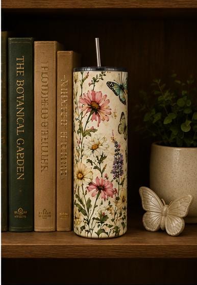 Butterfly Wildflower Stainless Steel Tumbler, Cottagecore Boho Nature Drinkware