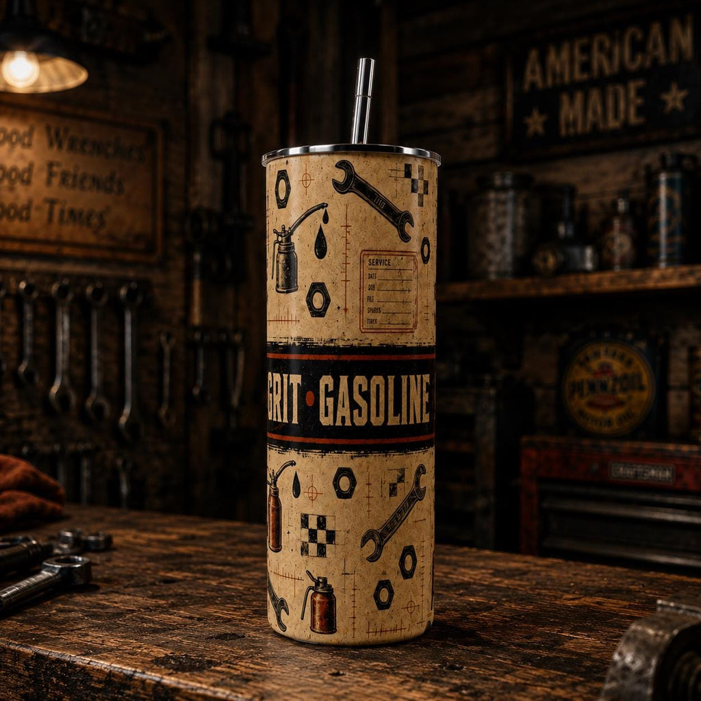 Mechanic Tumbler,Grease Grit Gasoline 20oz Cup with Straw, Automotive Gift