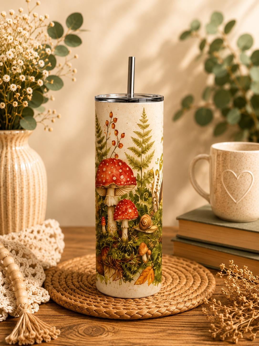Mushroom Skinny Tumbler, Woodland Forest 20oz with Straw, Nature Lover Gift