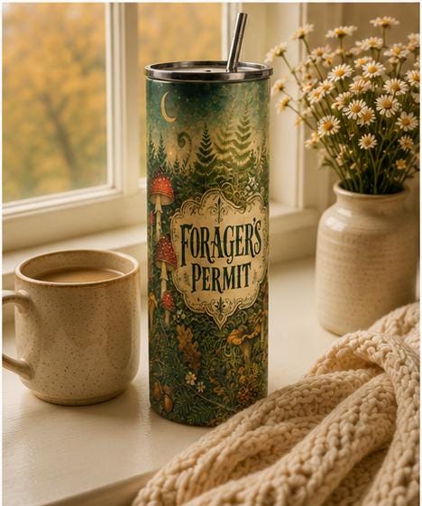 Forager's Permit Skinny Tumbler, Mushroom Cottagecore Cup,Cottagecore Nature Travel Mug