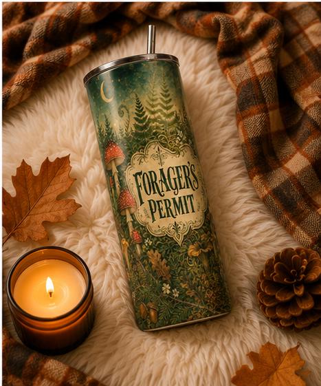 Forager's Permit Skinny Tumbler, Mushroom Cottagecore Cup,Cottagecore Nature Travel Mug