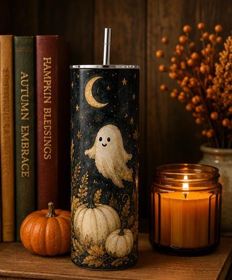 Ghost Pumpkin Skinny Tumbler, Halloween 20oz Cup,Fall Gift for Her