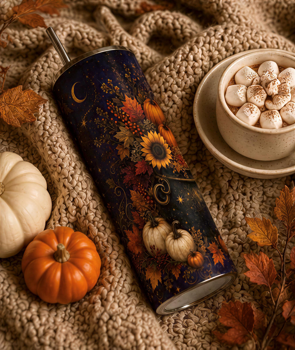 A cozy autumn scene featuring a blue tumbler with a floral design, a white mug of hot chocolate, a small orange pumpkin, and a white gourd, all set against a beige knit blanket with autumn leaves.