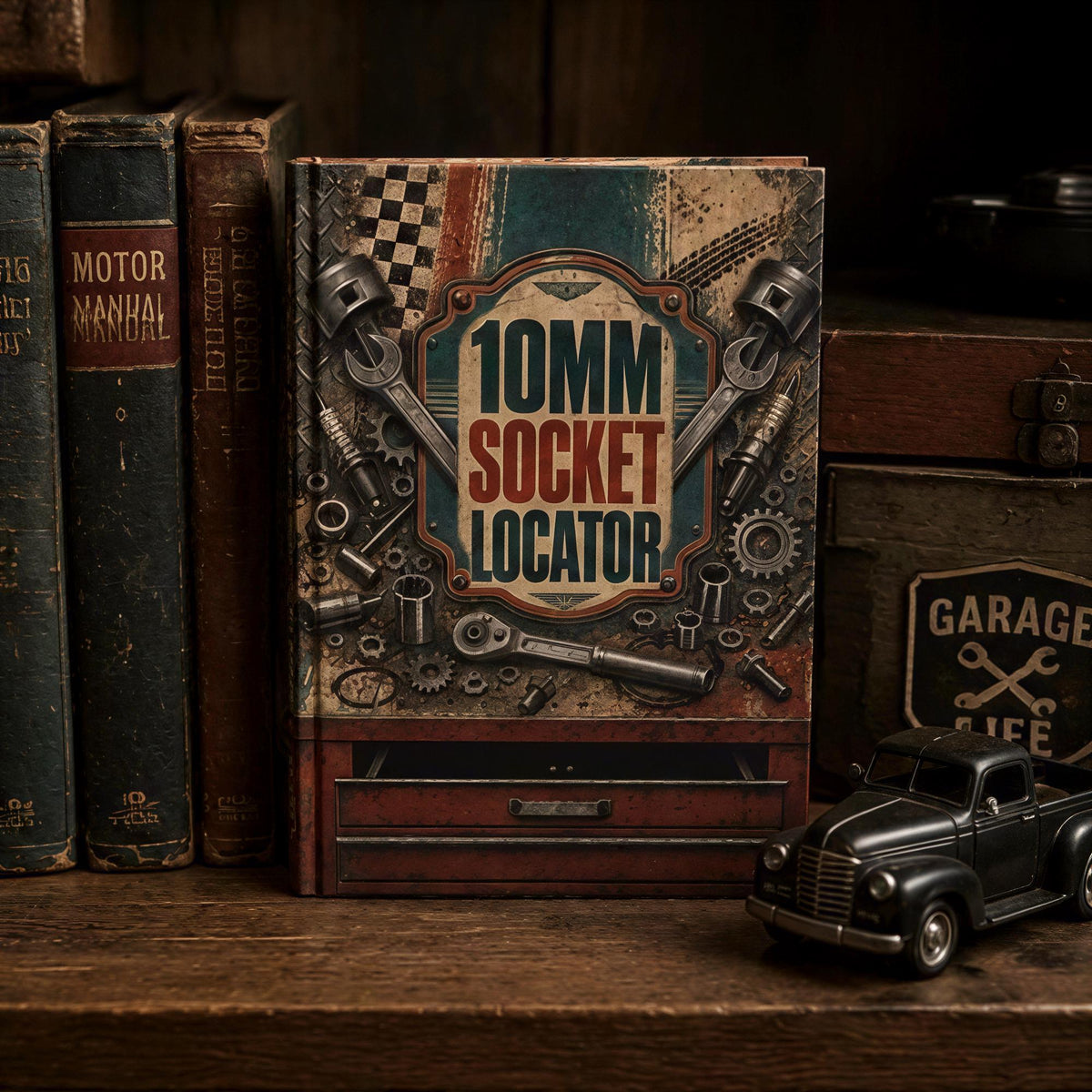 a vintage-style book titled "10mm socket locator" on a wooden shelf, surrounded by other books and a small toy car.