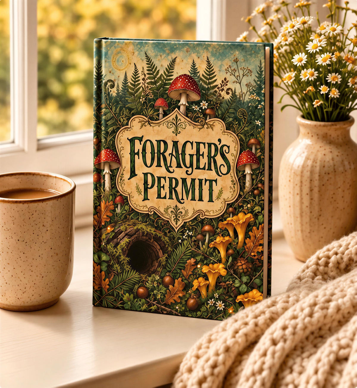 a book titled "Forager's Permit" placed on a windowsill, surrounded by a cozy atmosphere with a mug of coffee, a vase of flowers, and a knitted blanket.