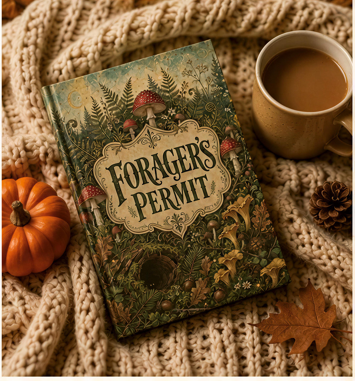a book titled "Forager's Permit" with a mushroom and pine cone on a knitted blanket, accompanied by a cup of coffee and autumn leaves.