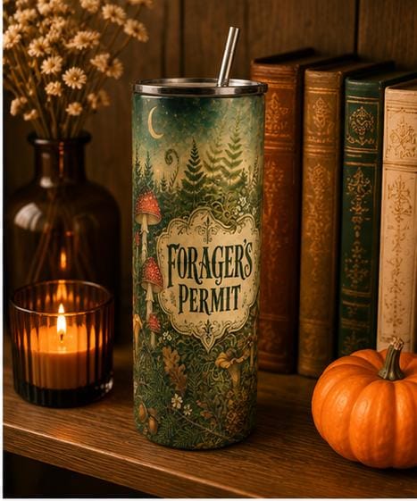 Forager's Permit Skinny Tumbler, Mushroom Cottagecore Cup,Cottagecore Nature Travel Mug