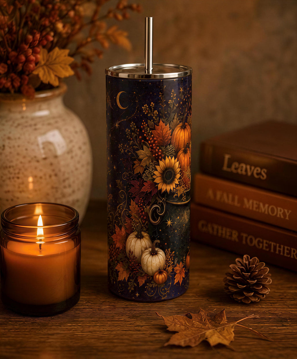 a tall, cylindrical container with a floral design, a lit candle, a cone, and some books, all arranged on a wooden surface.