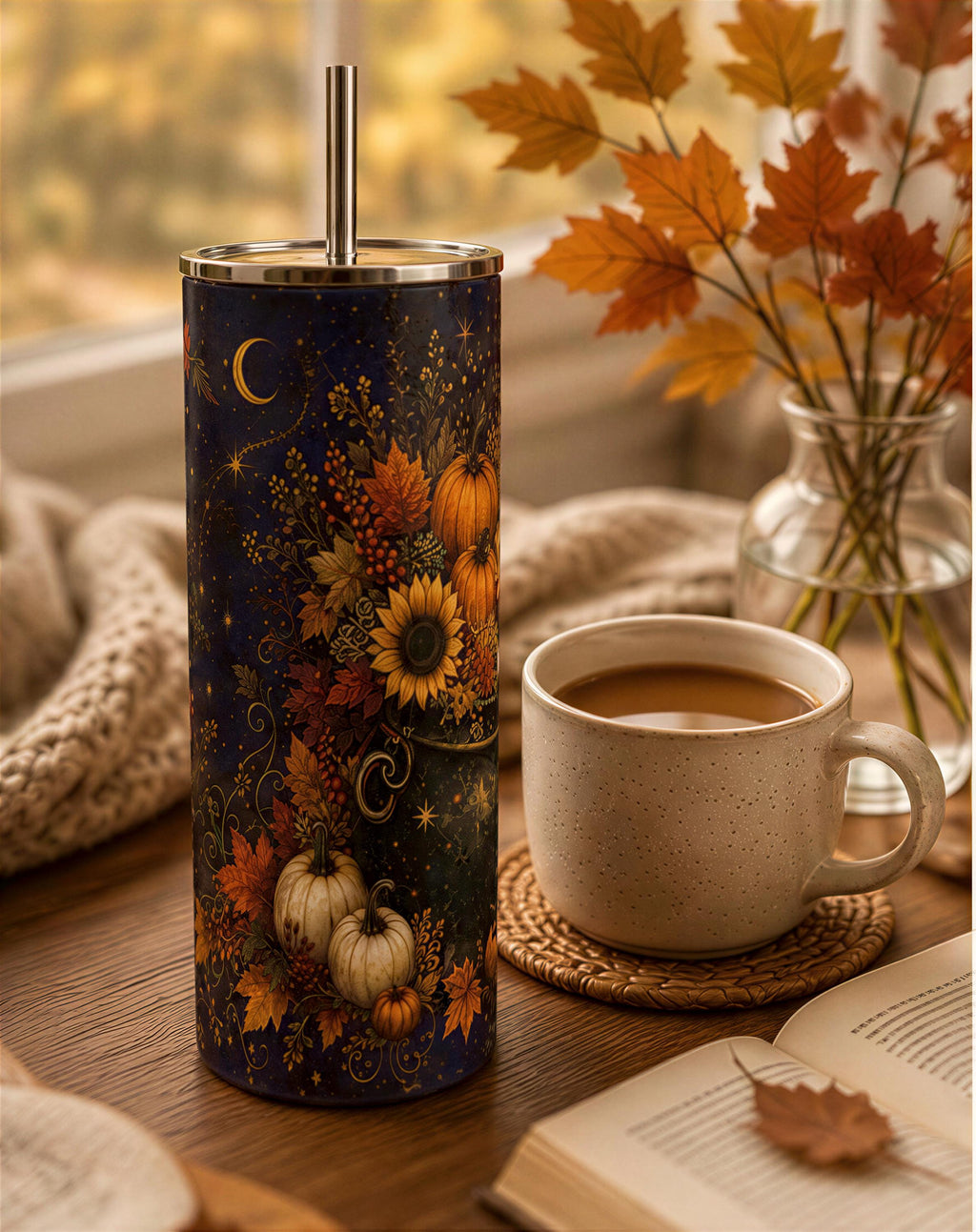 A cozy autumn scene with a blue tumbler featuring a pumpkin and sunflower design, a white mug of coffee, a vase of autumn leaves, and a book on a wooden table.