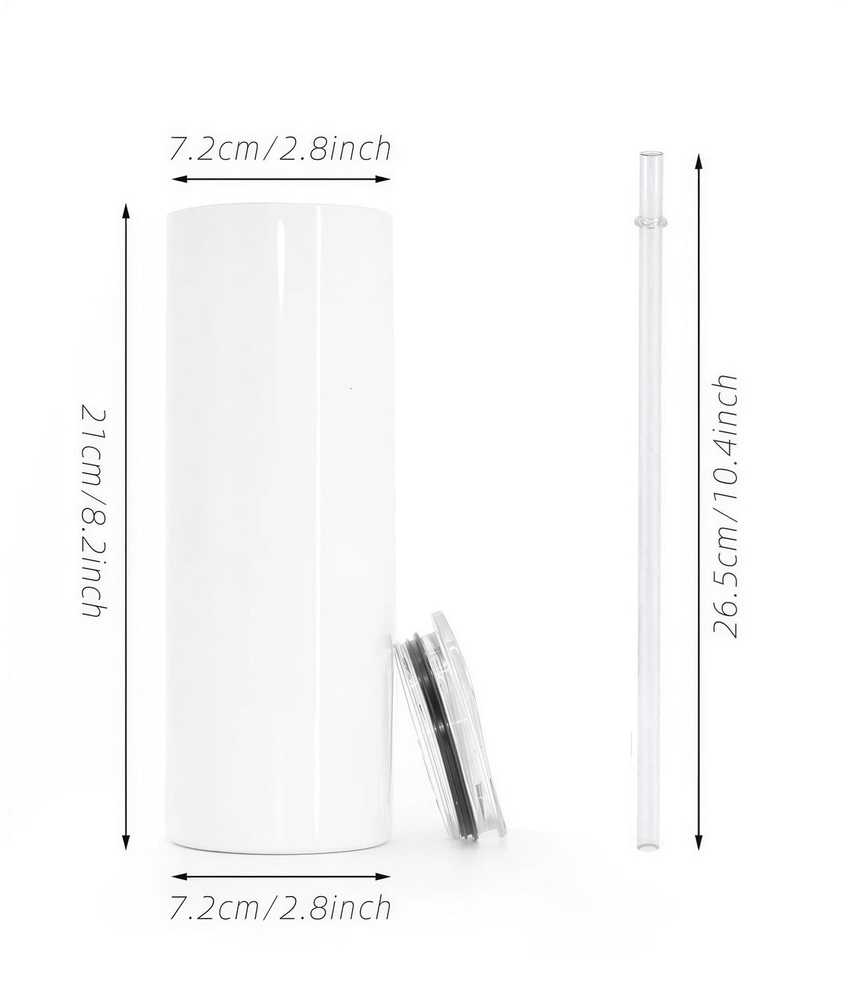 a white cylindrical object with measurements and a straw attached to it.