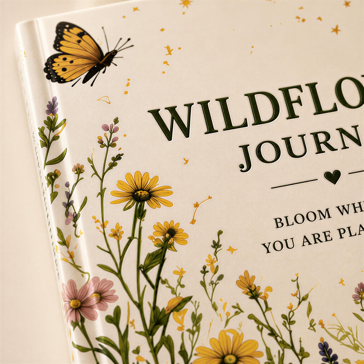 The image is a book cover with a butterfly and flowers, featuring the title "Wildflower Journal" and the phrase "Bloom where you are planted".