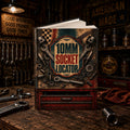 a book titled "10mm Socket Locator" with various tools and equipment surrounding it, including wrenches, sockets, and other hardware items, all set against a backdrop of a workshop or garage.