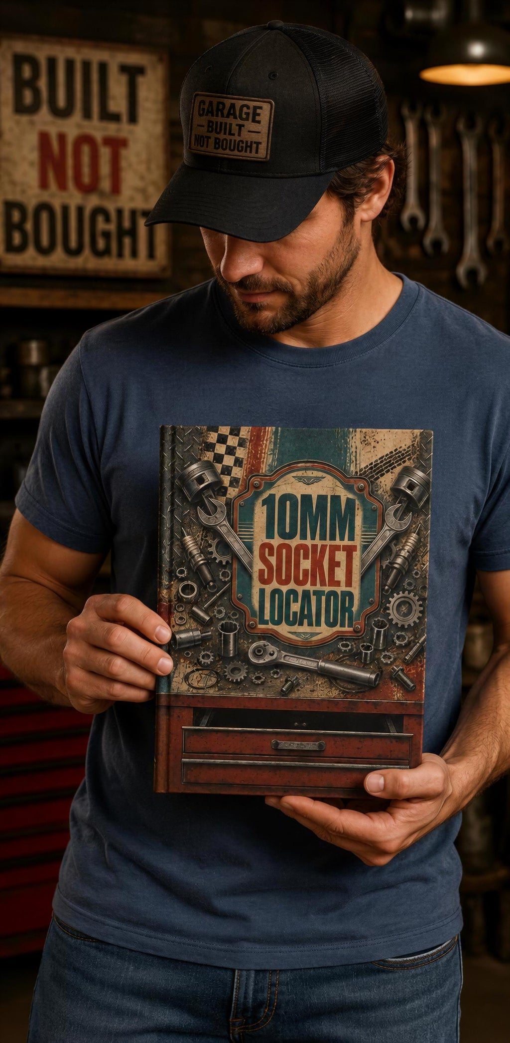 A man is holding a book titled "10mm Sockets Locator" in a workshop setting, surrounded by various tools and equipment.