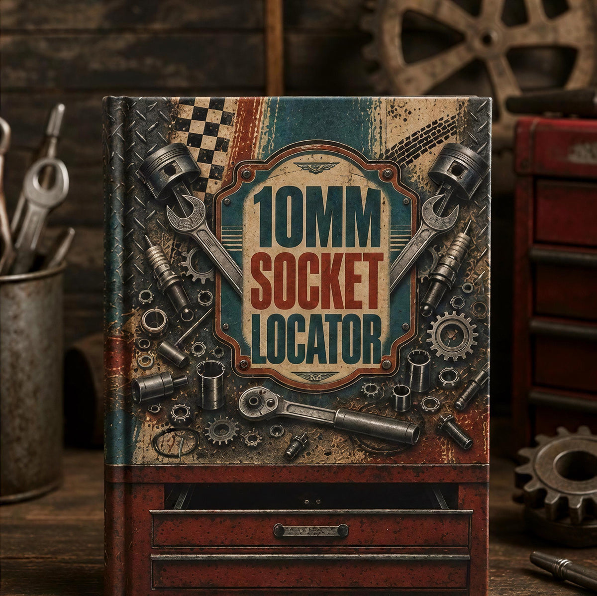 a book cover with a vintage-style design, surrounded by various tools and parts, including a wrench and a socket wrench.
