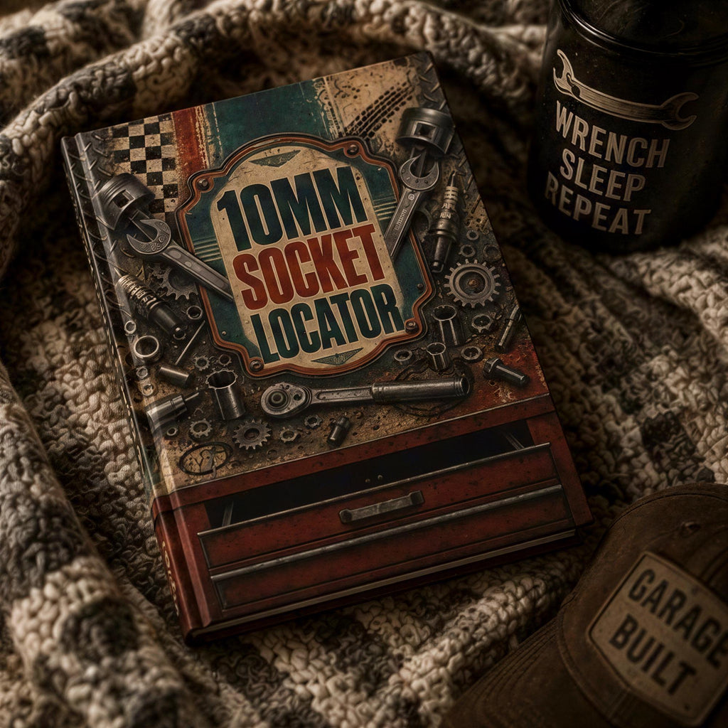 a book titled "10mm Socket Locator" with various tools and parts related to a socket wrench, all displayed on the cover.