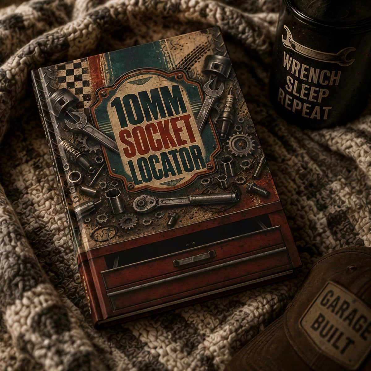 a book titled "10mm Socket Locator" with various tools and parts related to a socket wrench, all displayed on the cover.