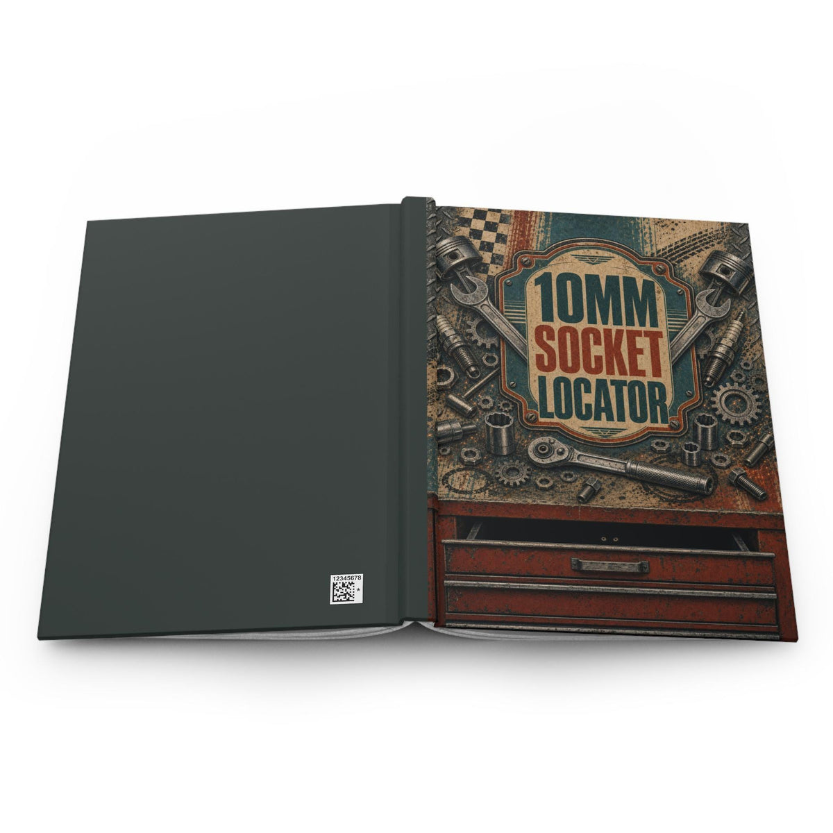 The image is an open book with a cover featuring a vintage-style illustration of a 10mm socket locator.