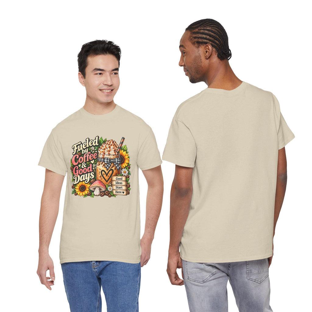 Fueled by Coffee & Good Days Tee | Coffee Cup, Sunflowers, Retro Cozy Design