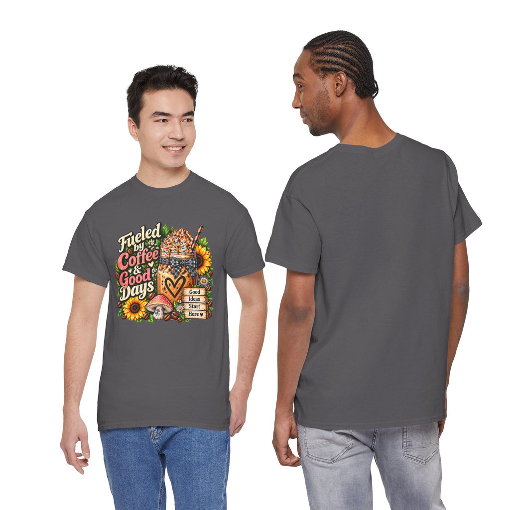 Fueled by Coffee & Good Days Tee | Coffee Cup, Sunflowers, Retro Cozy Design