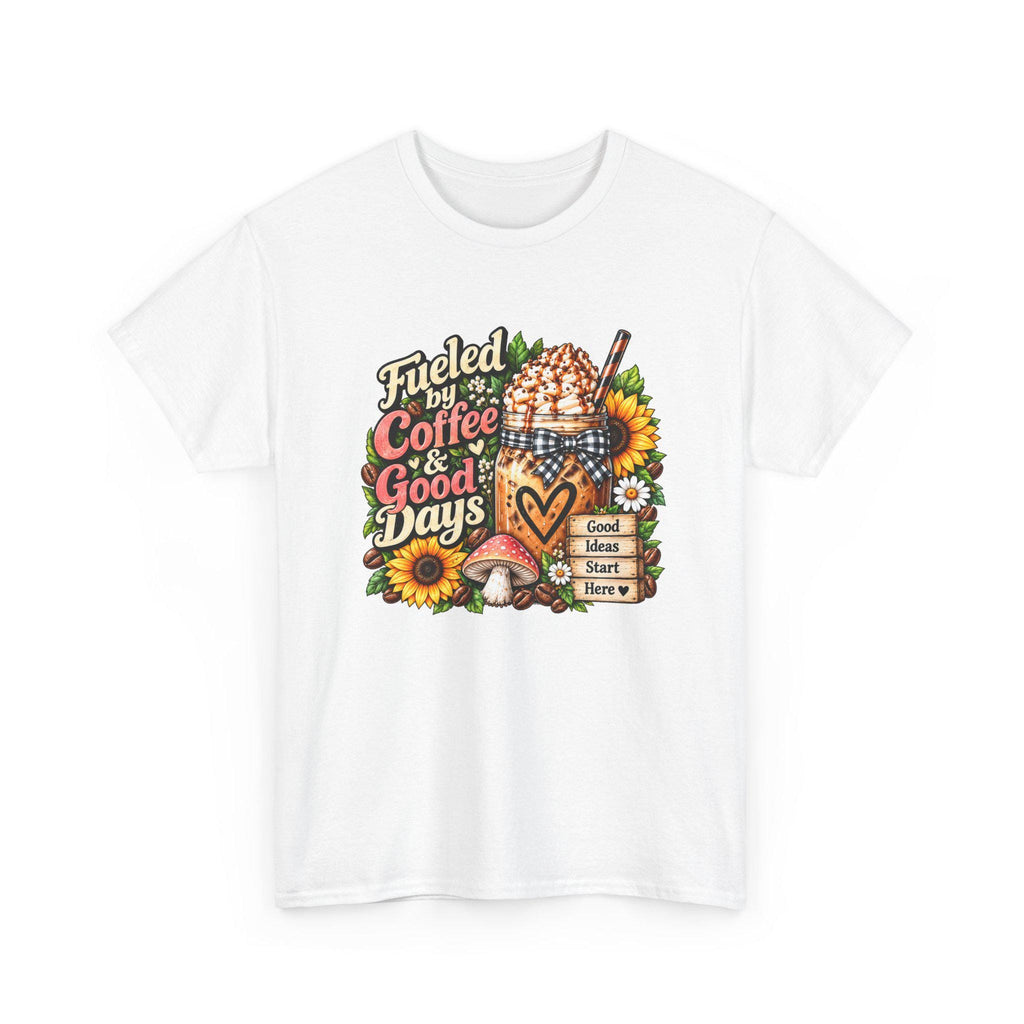 Fueled by Coffee & Good Days Tee | Coffee Cup, Sunflowers, Retro Cozy Design