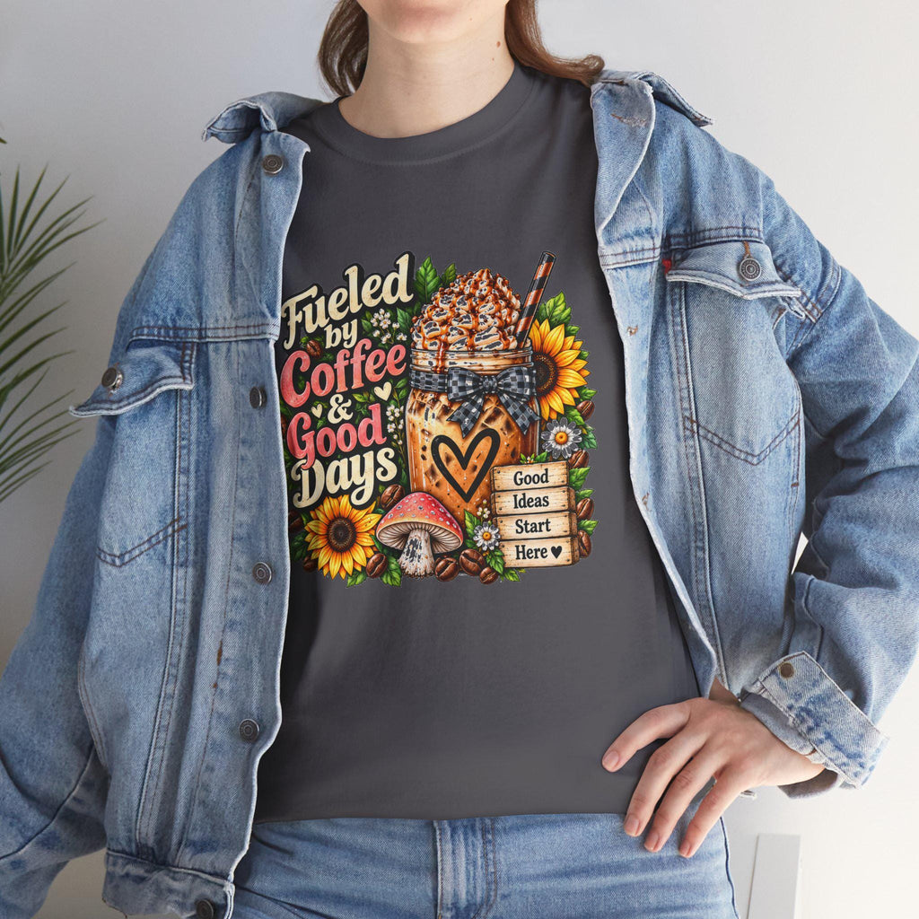 Fueled by Coffee & Good Days Tee | Coffee Cup, Sunflowers, Retro Cozy Design