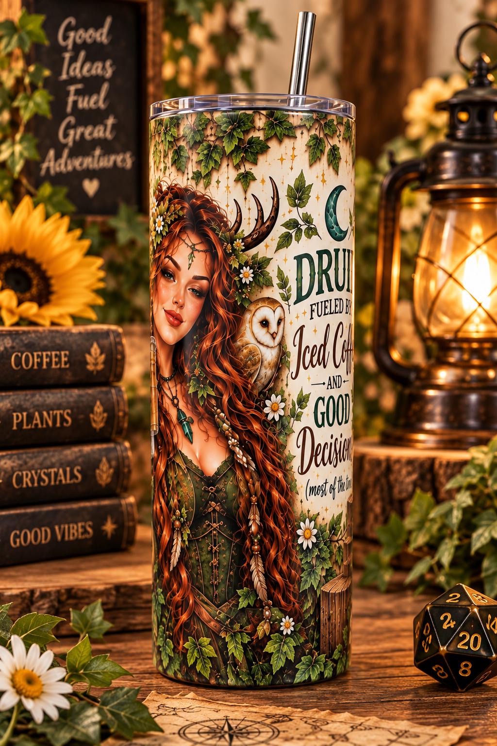 Druid Coffee Tumbler with Straw, Whimsical Fantasy Stainless Steel Insulated Cup, 20oz Skinny Mug