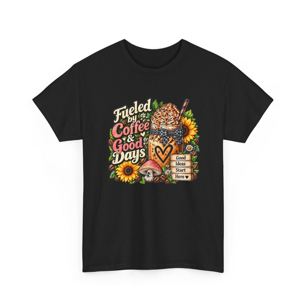 Fueled by Coffee & Good Days Tee | Coffee Cup, Sunflowers, Retro Cozy Design