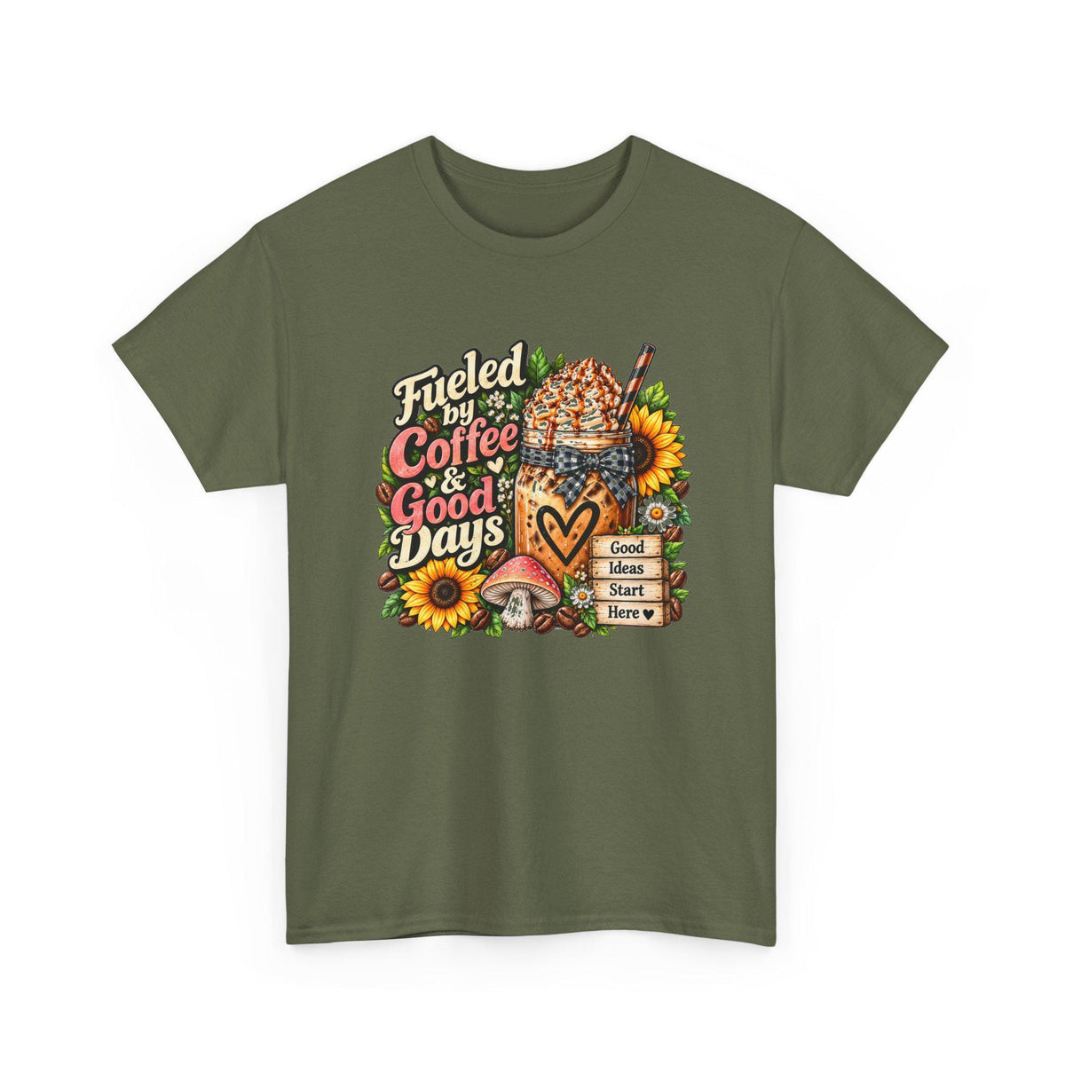 Fueled by Coffee & Good Days Tee | Coffee Cup, Sunflowers, Retro Cozy Design