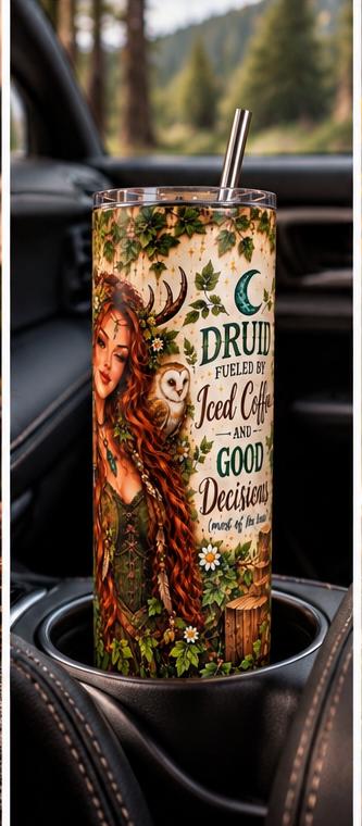 Druid Coffee Tumbler with Straw, Whimsical Fantasy Stainless Steel Insulated Cup, 20oz Skinny Mug
