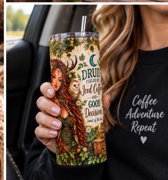 Druid Coffee Tumbler with Straw, Whimsical Fantasy Stainless Steel Insulated Cup, 20oz Skinny Mug